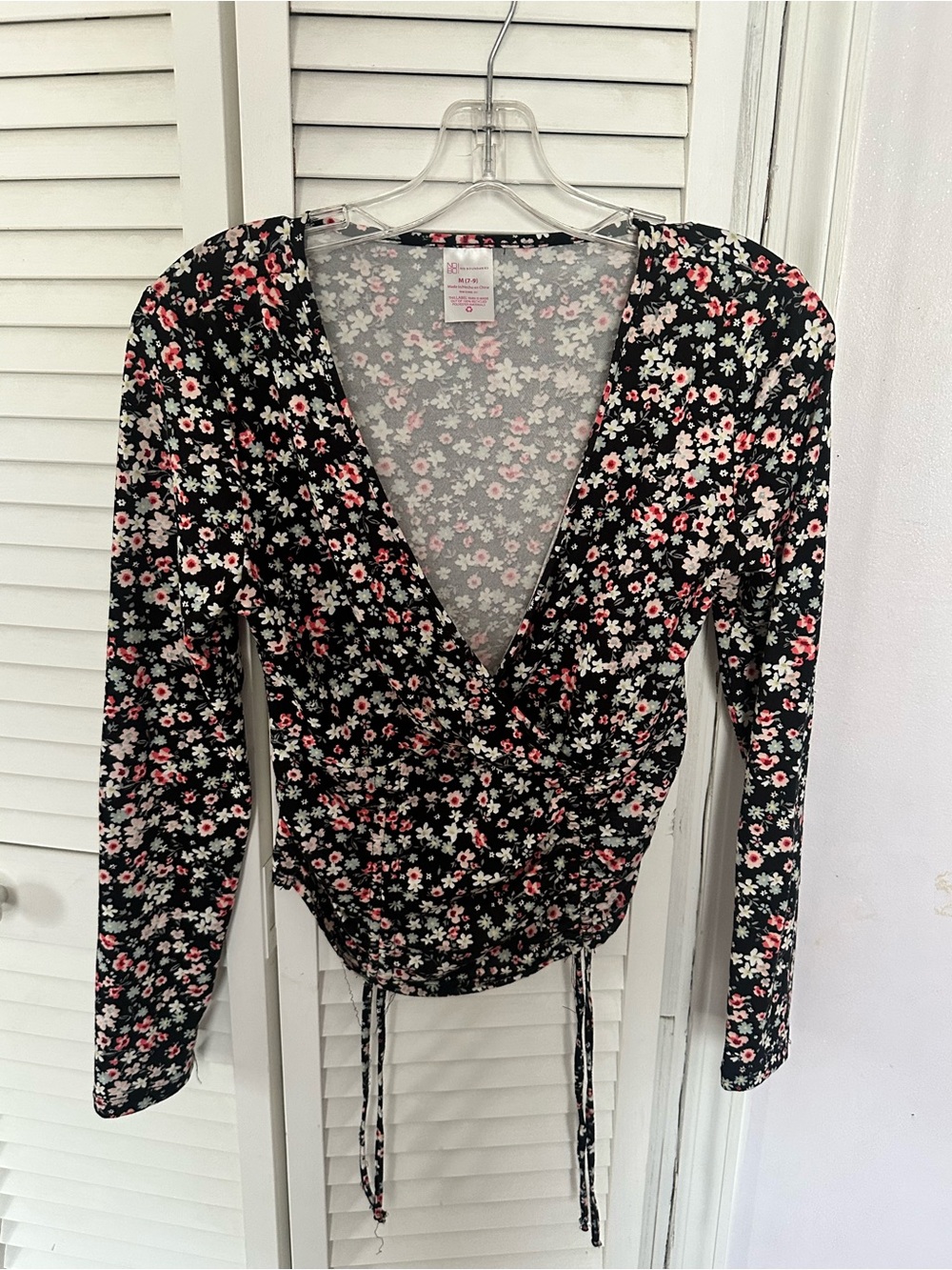 No Boundaries Black Floral Wrap Top with Pink & White Flowers